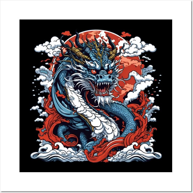 Dragon against the backdrop of a setting sun bathed in ocean waves Wall Art by T-Shirt Paradise